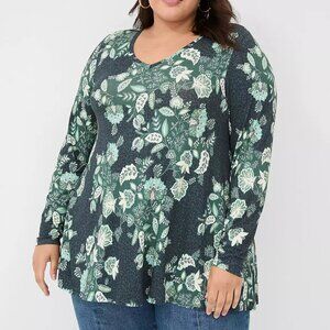 Lane Bryant Blue and Green Floral Swing Long-Sleeve V-Neck Tee in Size 18/20